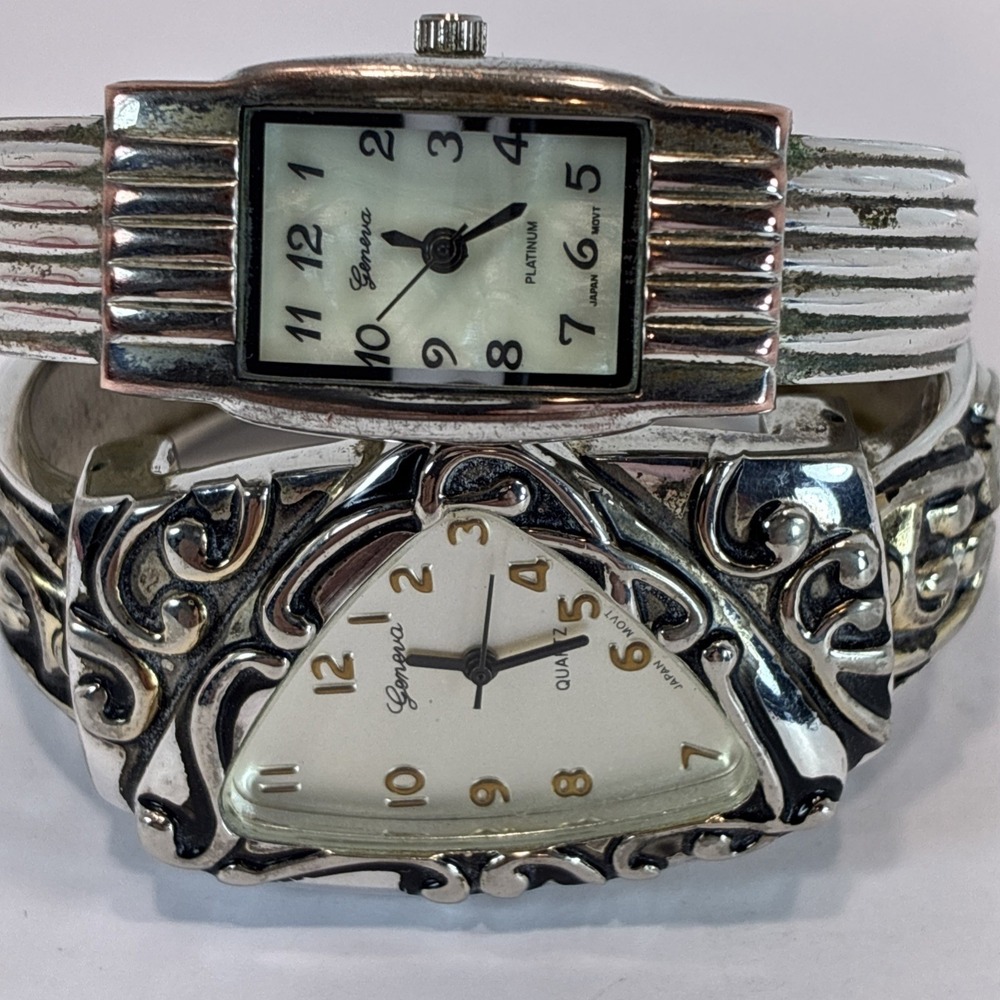 2 Watch Lot Geneva Platinum Silver Toned Bracelets Triangular Rectangle Shaped